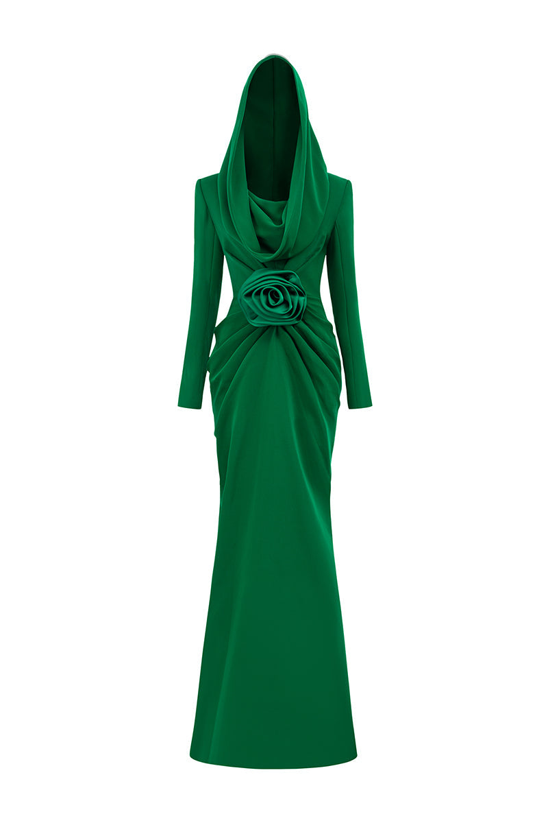 draped cowl-neck gown with sculpted rose waist – EMERALDE