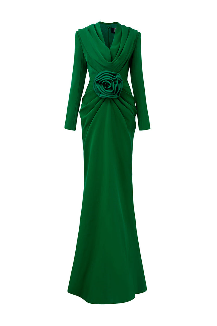 draped cowl-neck gown with sculpted rose waist – EMERALDE