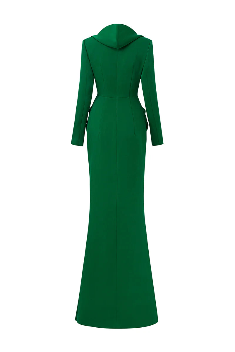 draped cowl-neck gown with sculpted rose waist – EMERALDE