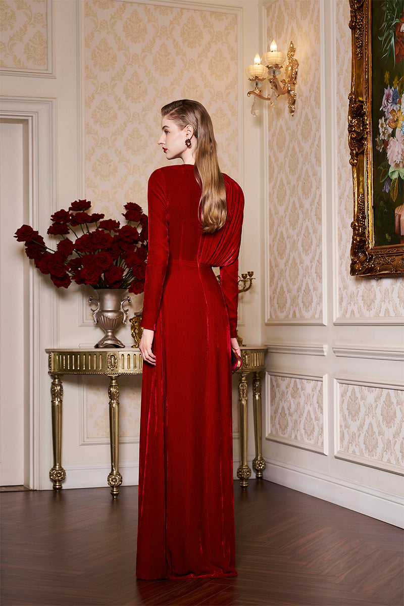velvet draped gown with embellished waist – SCARLETE