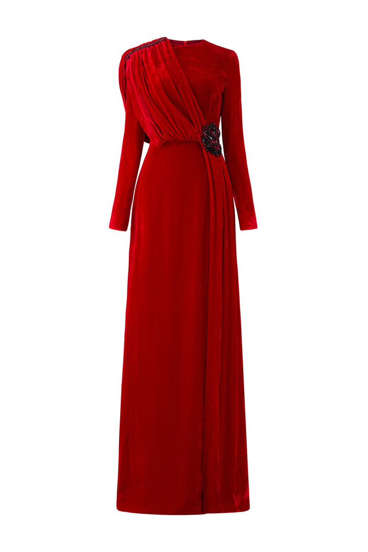 velvet draped gown with embellished waist – SCARLETE