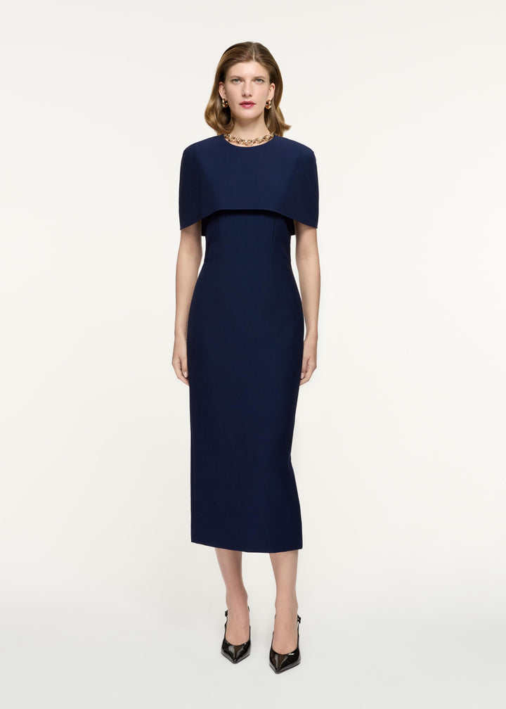 cape-overlay midi dress with structured silhouette – VALENTIA
