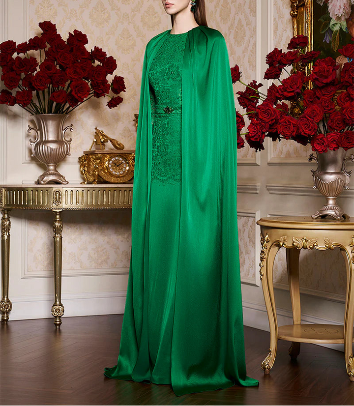 lace-embellished gown with satin cape – NAYZZK