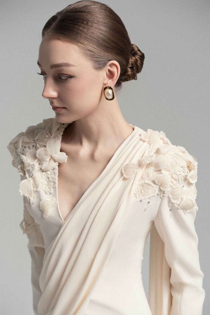 draped lace-embellished gown with floral shoulders – ELARIS