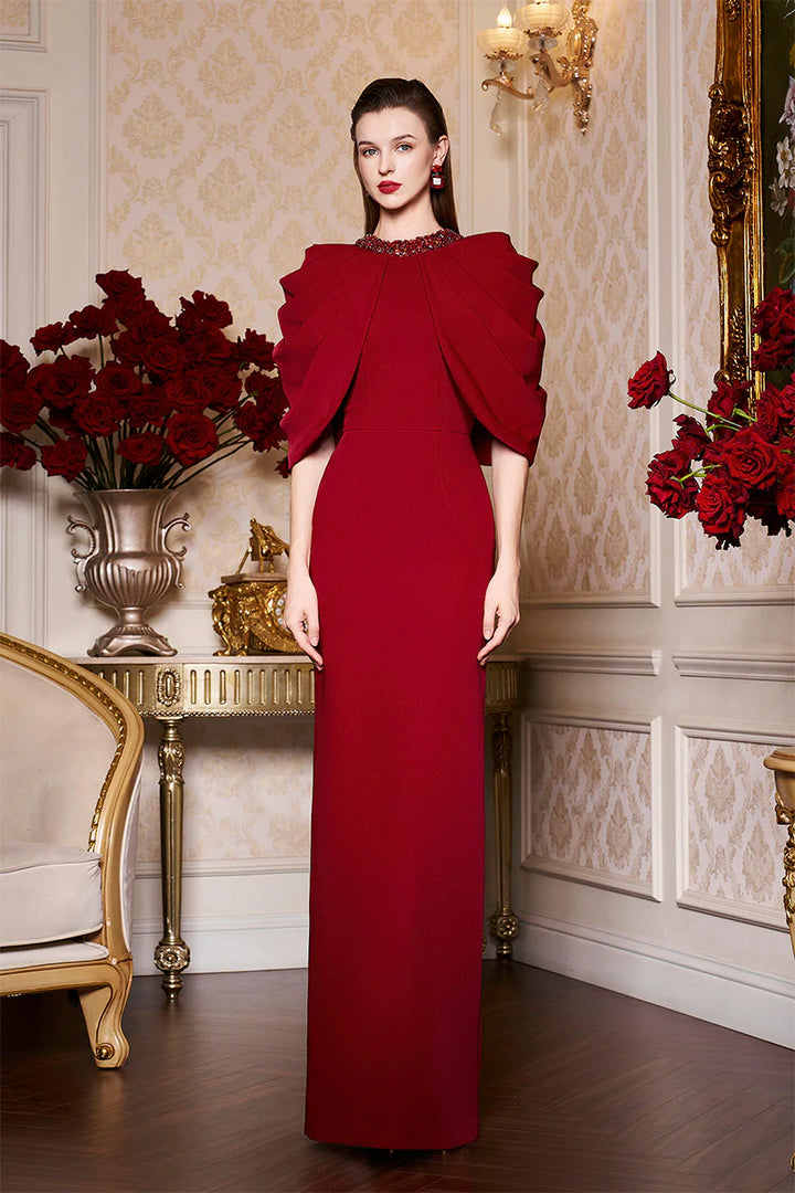 structured cape-shoulder column gown – CRIMSONE