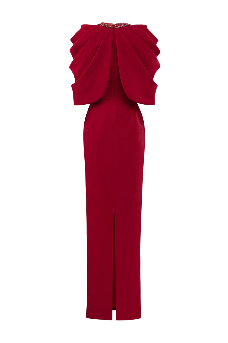 structured cape-shoulder column gown – CRIMSONE