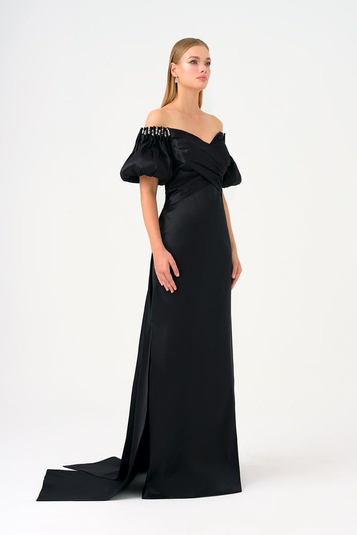 off-shoulder satin gown with puff sleeves – AURELIA