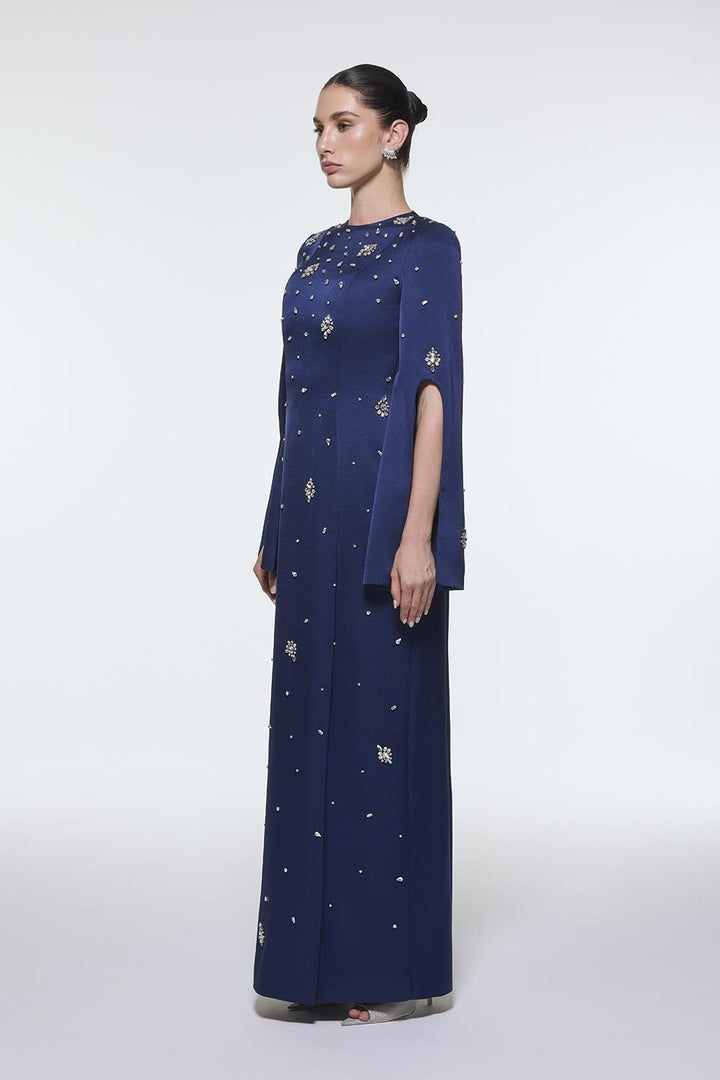 long-sleeve column gown with scattered crystal embellishments – NOIRÉ
