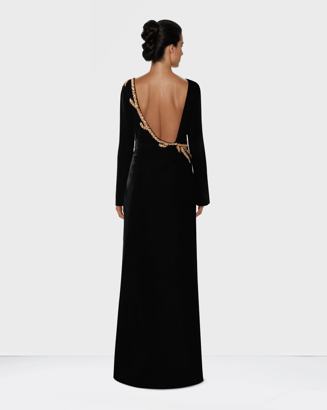Long sleeve black velvet column dress with back neckline - Shevalini