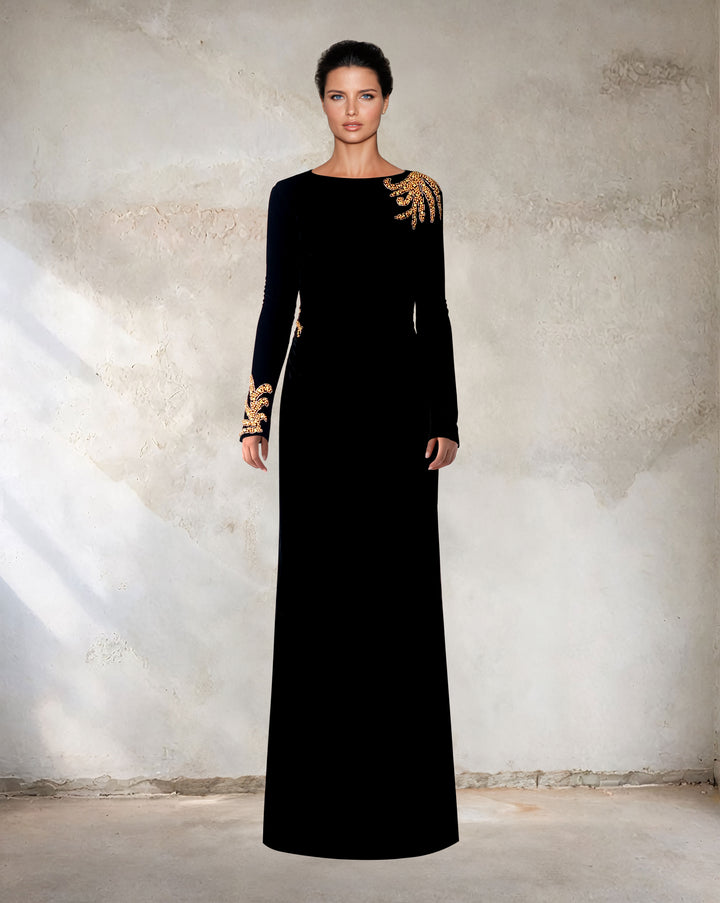 Long sleeve black velvet column dress with back neckline - Shevalini