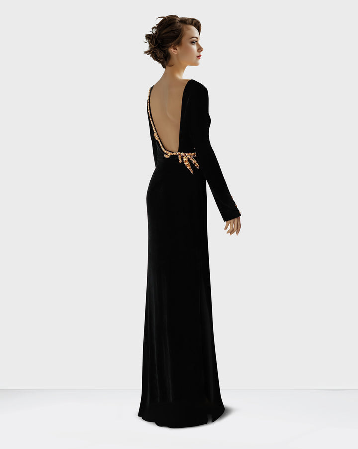 Long sleeve black velvet column dress with back neckline - odd-Shevalini