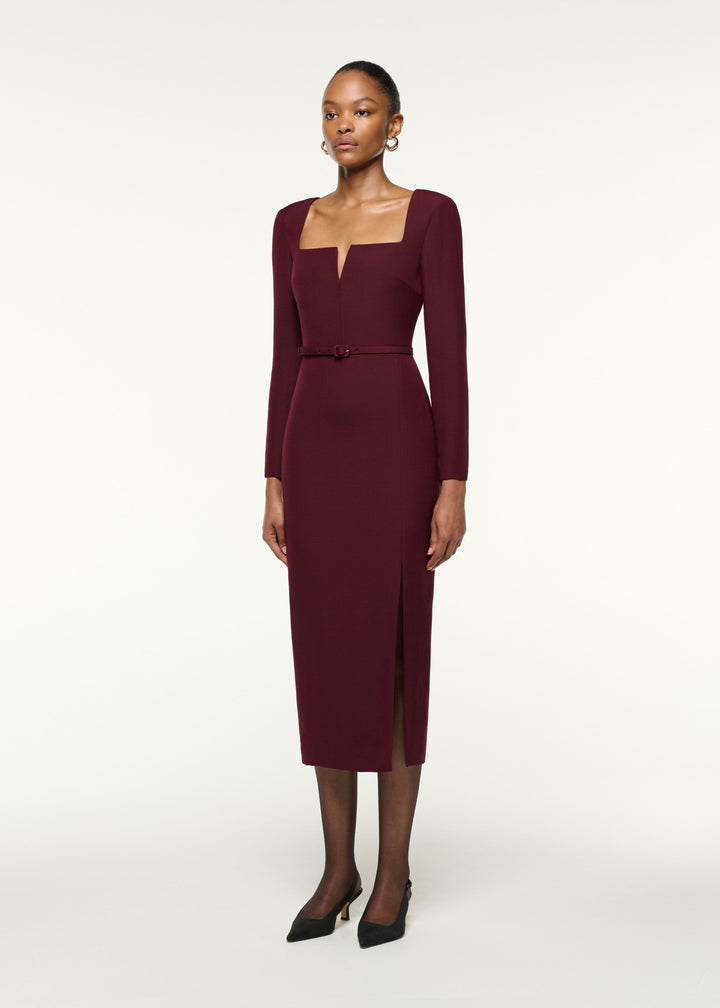 square-neck belted midi dress with front slit – MARLENA