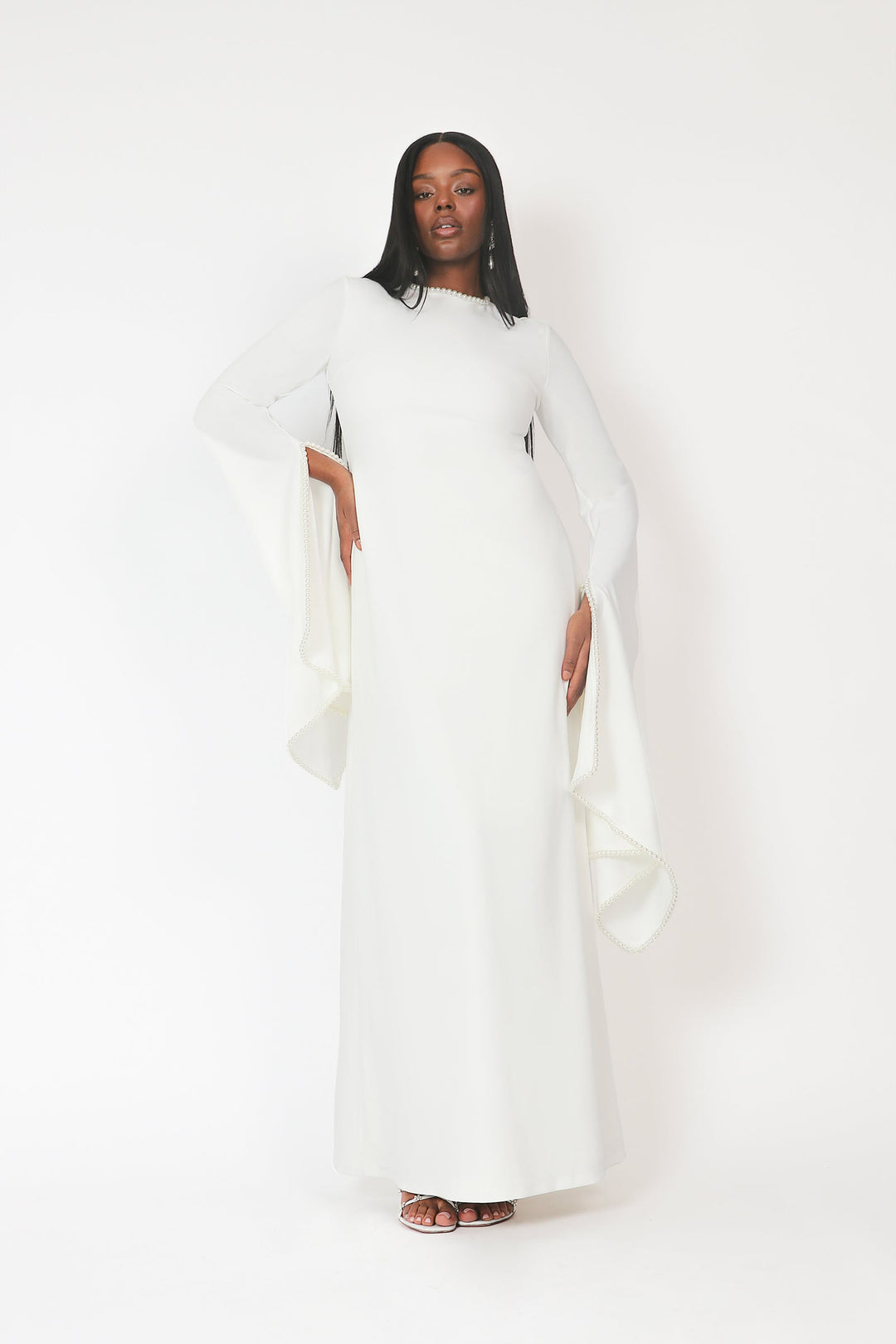 long-sleeve gown with pearl-trimmed flared cuffs – OPHELIA
