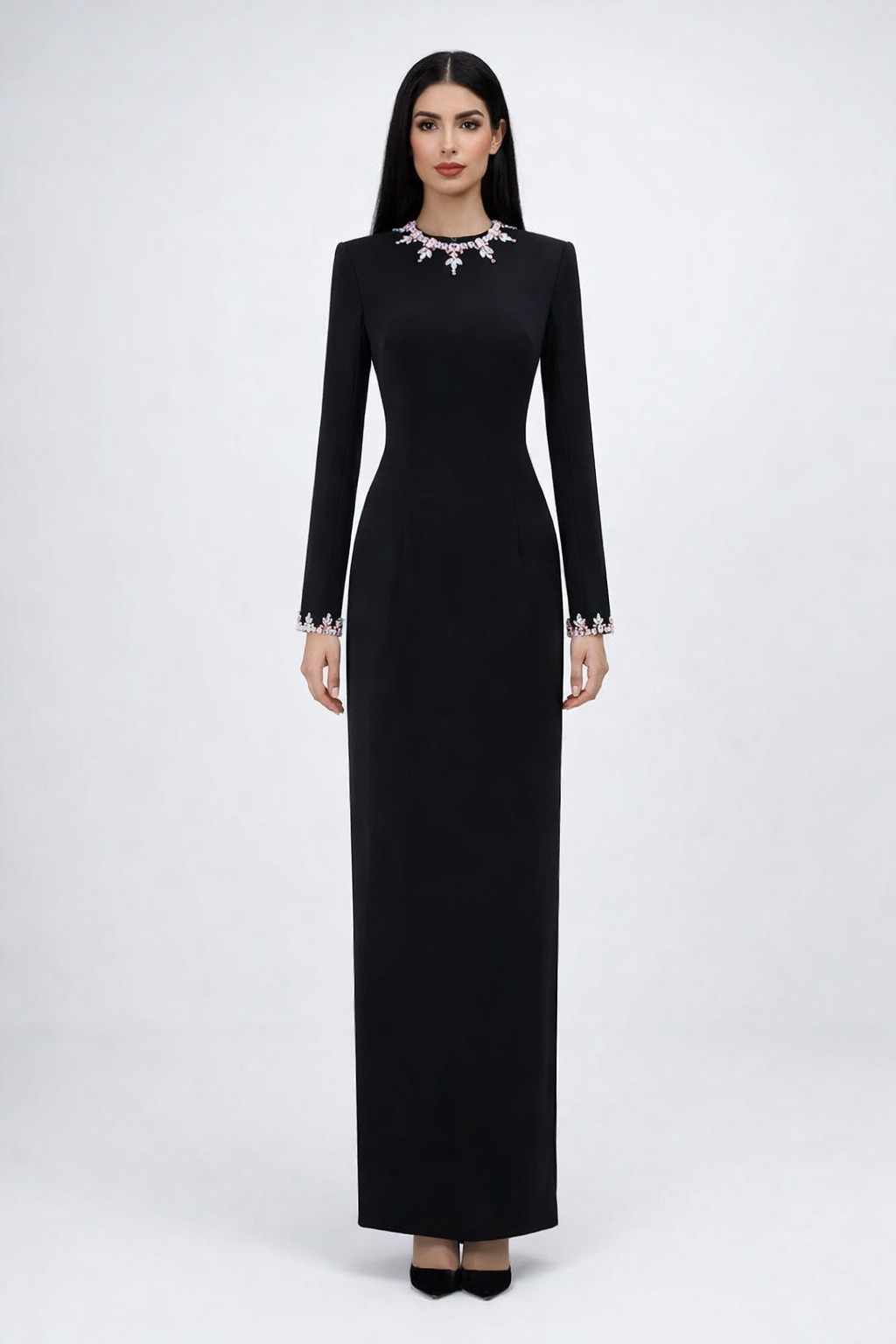 long sleeve column maxi dress with crystal neckline detail – NOIRÉ