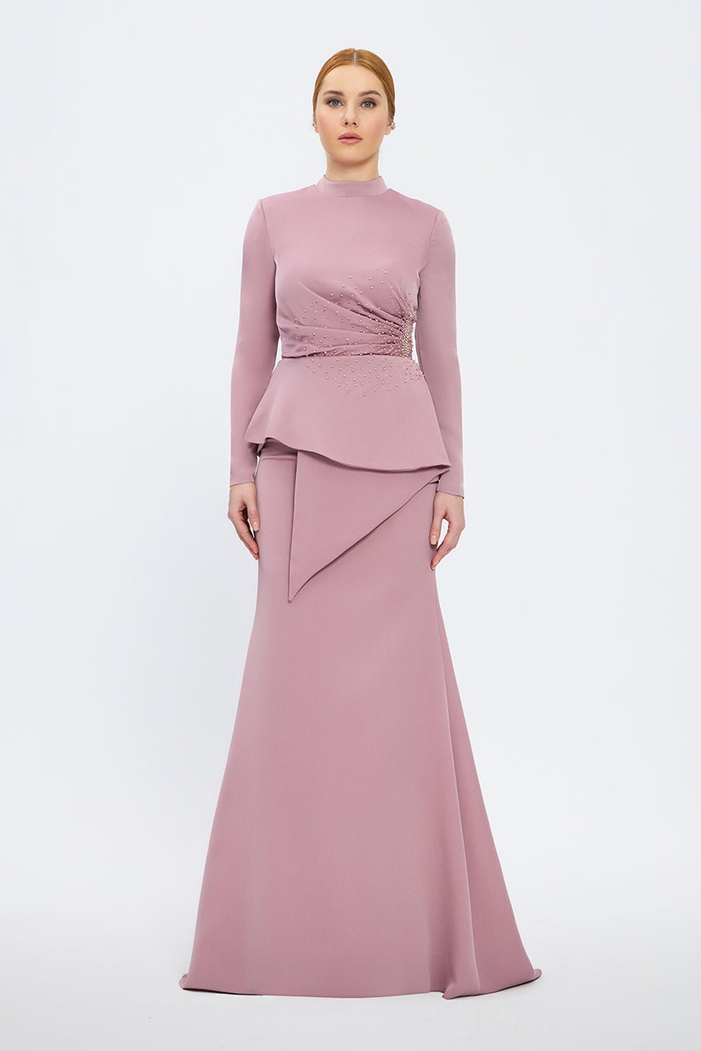 long-sleeve peplum gown with crystal draping – SERENE