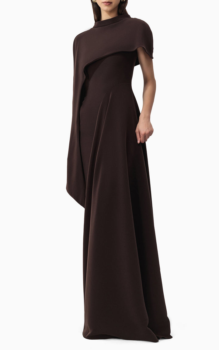 asymmetric draped gown with sculpted shoulder cape – NOIR
