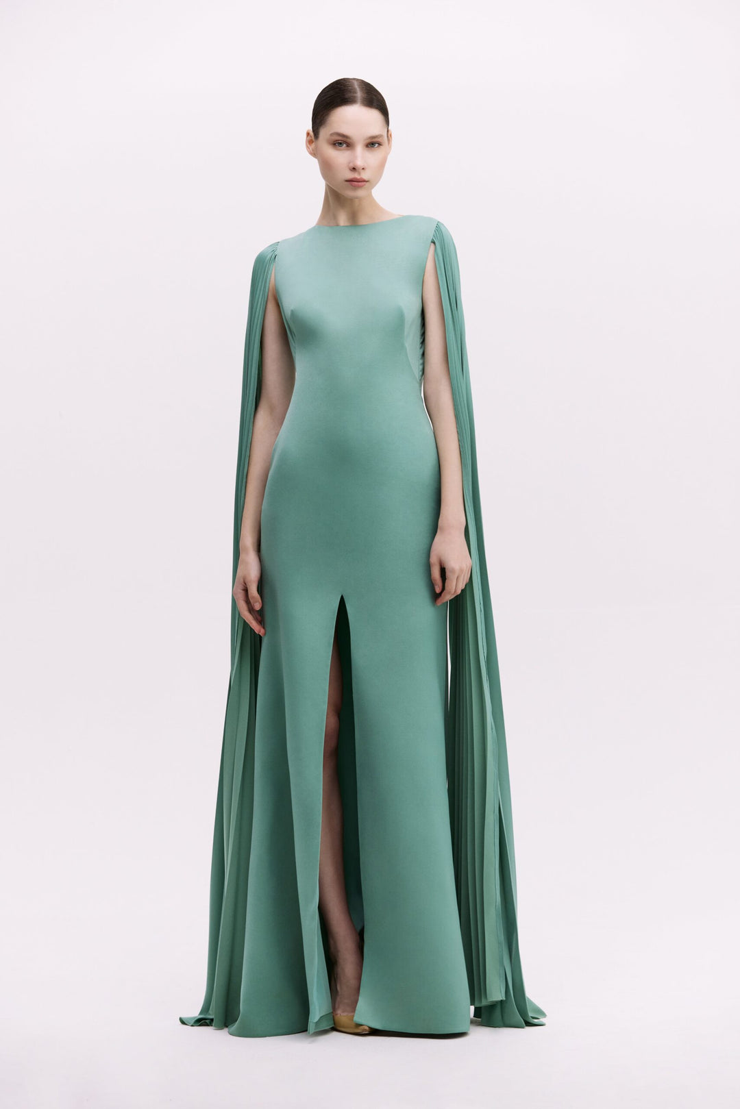 Sleeveless cape evening gown with front slit – AURELIA