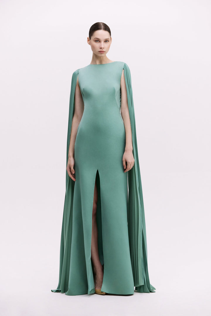 Sleeveless cape evening gown with front slit – AURELIA