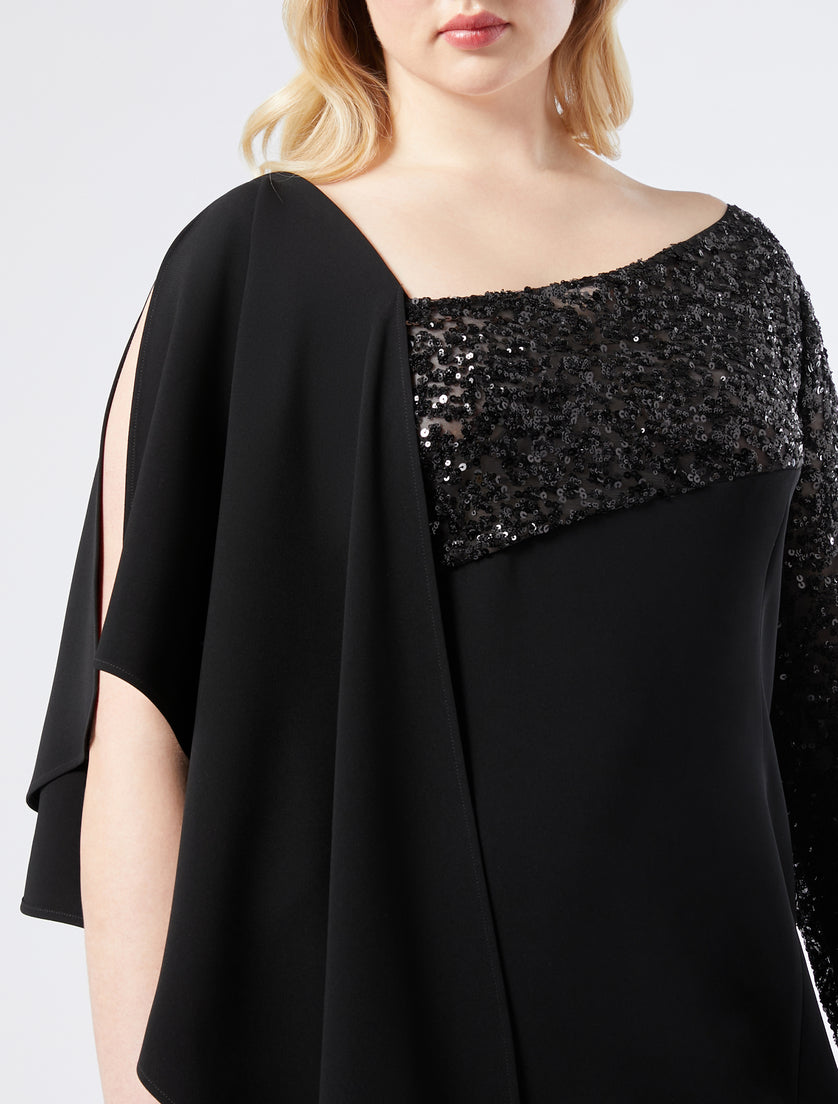sequin-paneled gown with draped asymmetric cape – ELYANA