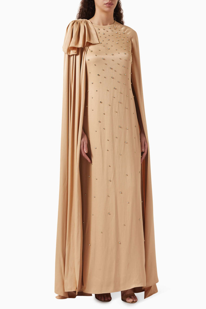 embellished cape-sleeve gown with draped shoulder – AURELIA