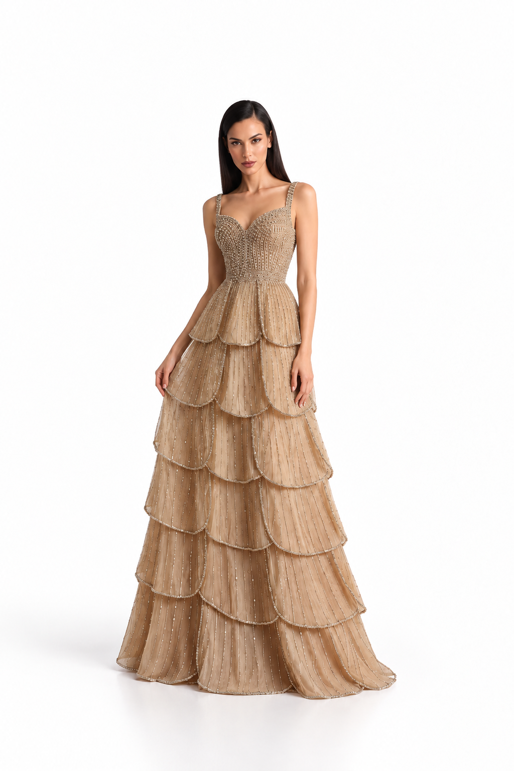Beaded Tiered Ruffle Gown - Champagne