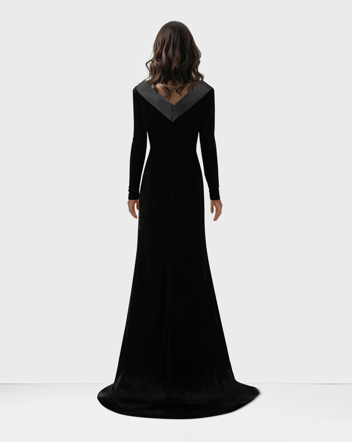Long sleeve black velvet dress with a train - Deniya