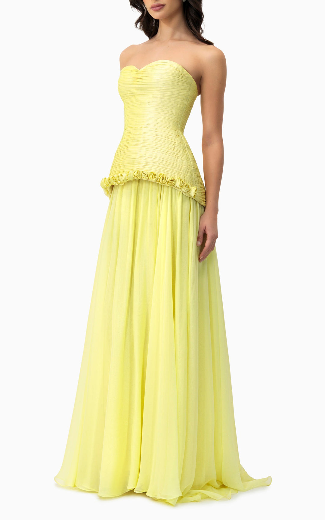 strapless pleated gown with floral trim – MARIGOLD