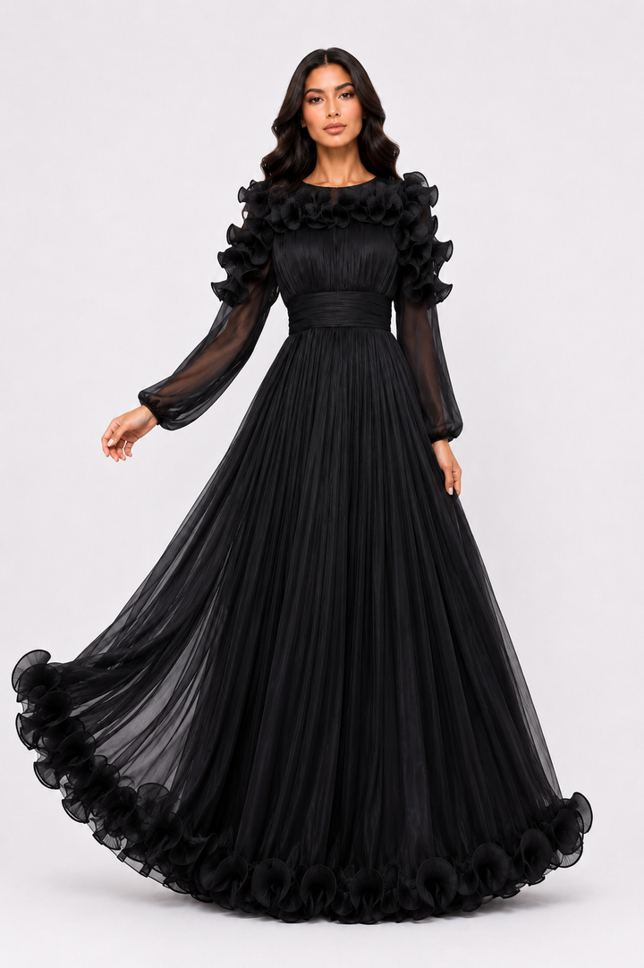Ruffled Pleated Chiffon Maxi Dress - Midnight