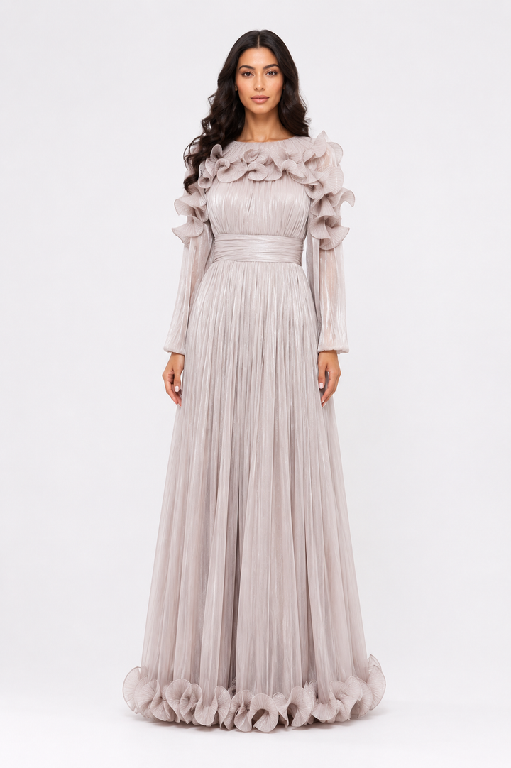 Ruffled Pleated Chiffon Maxi Dress - Midnight