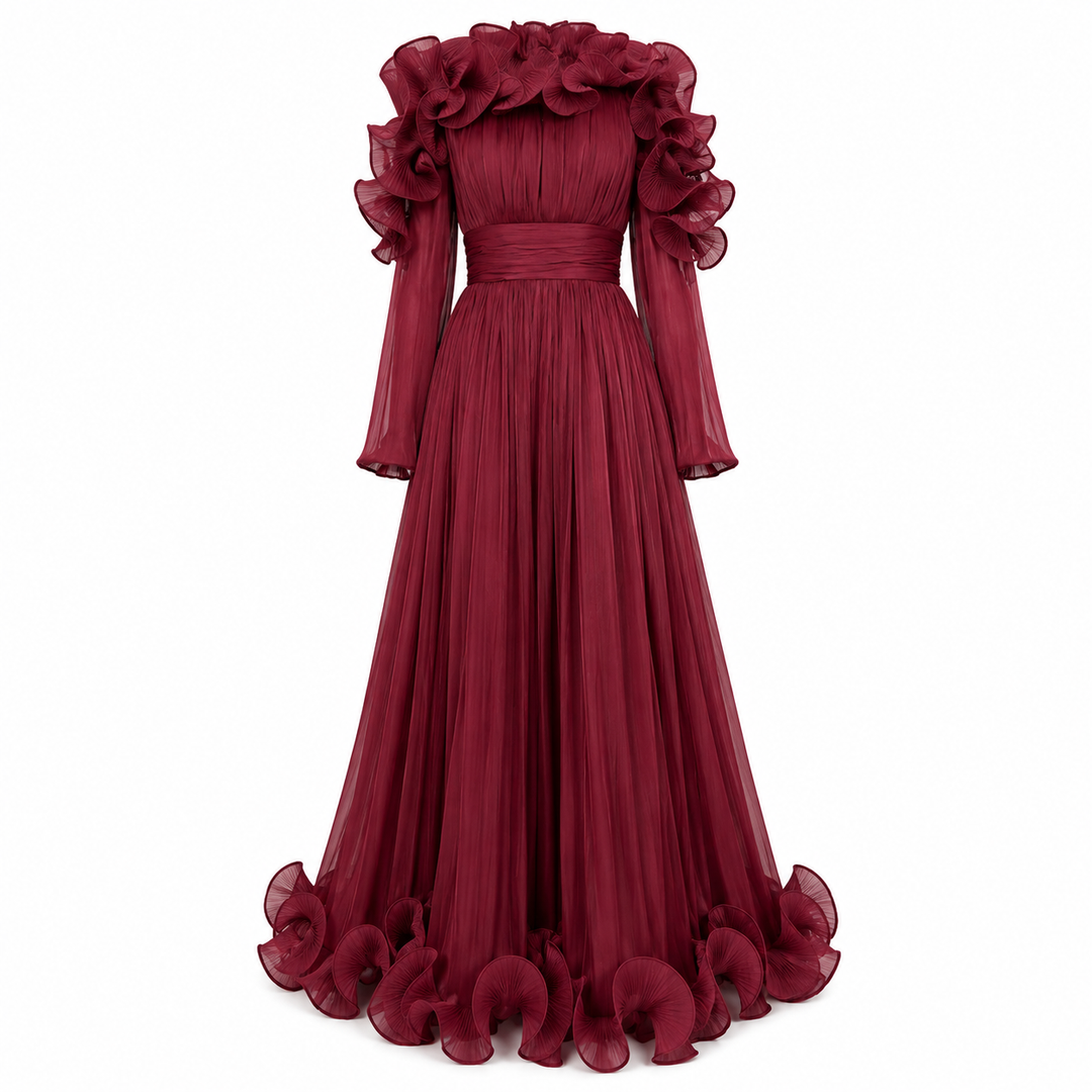 Ruffled Pleated Chiffon Maxi Dress - Midnight