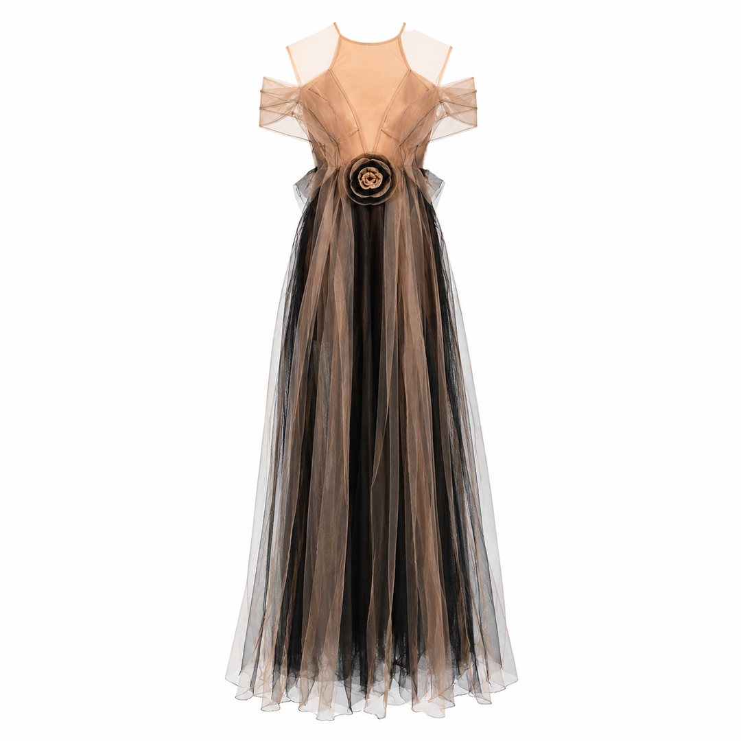 Illusion Tulle Evening Gown - Mocha