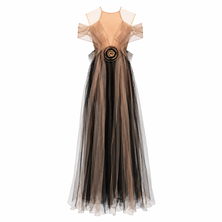 Illusion Tulle Evening Gown - Mocha