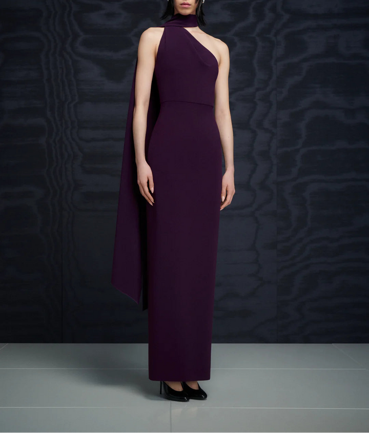 one-shoulder column gown with draped scarf – DEMI