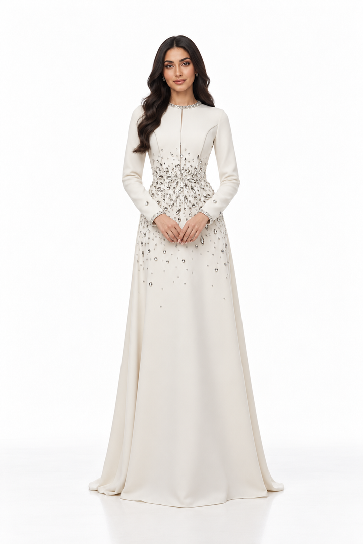 Ivory Crystal Embellished Evening Maxi Dress - Celina