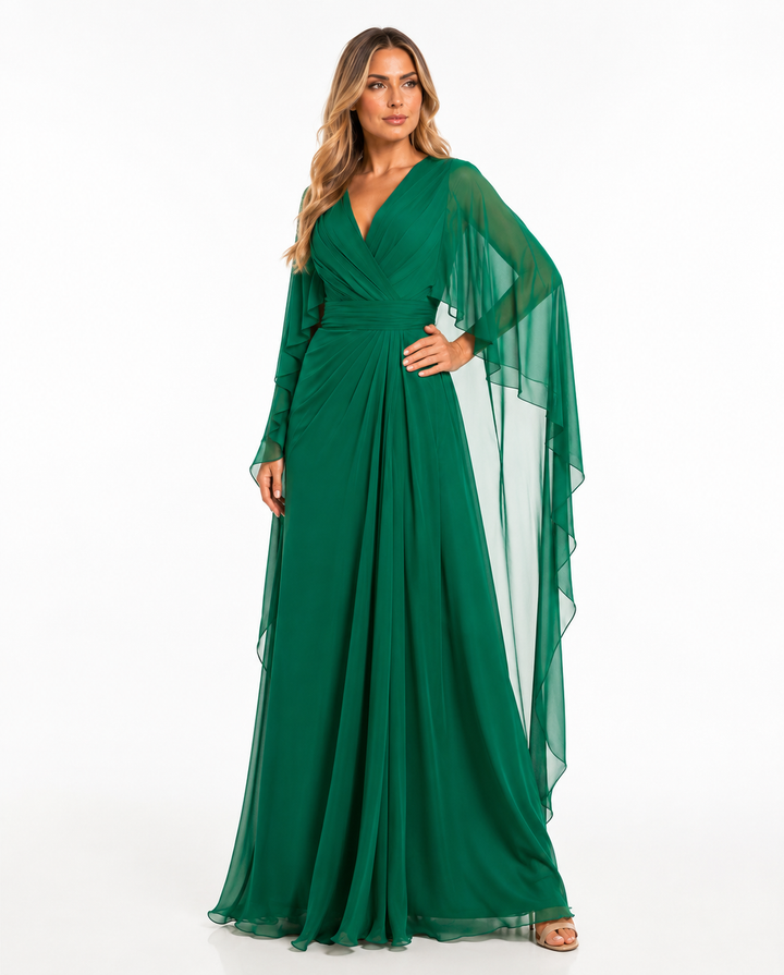 Draped Cape Chiffon Gown - Emerald