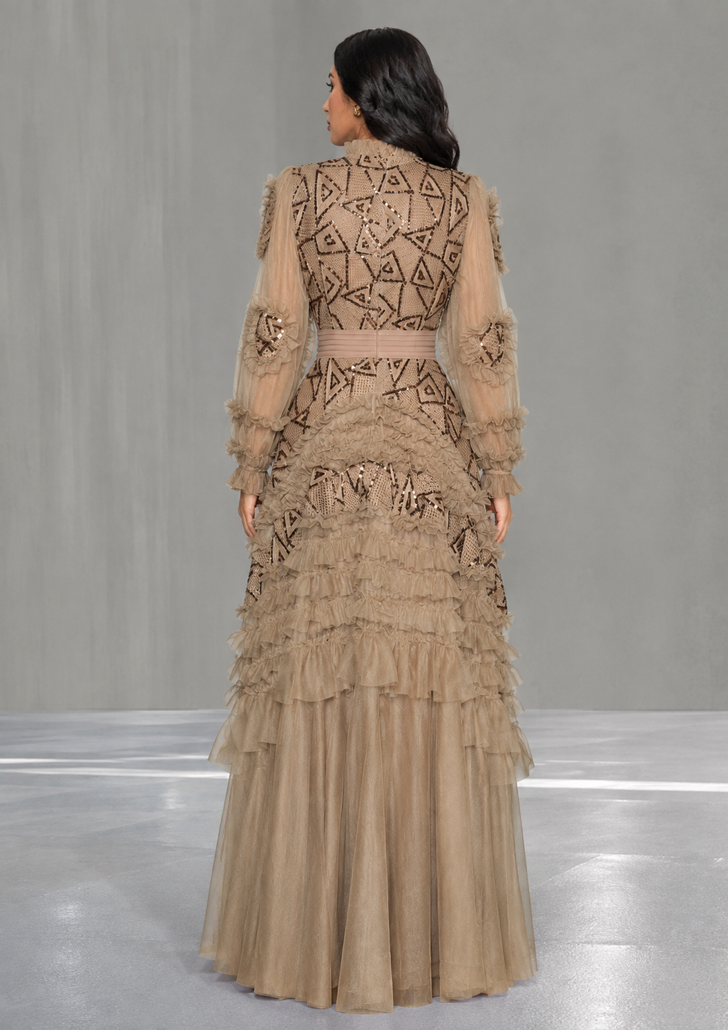 Gold Embellished Ruffle Evening Gown – Aurelia