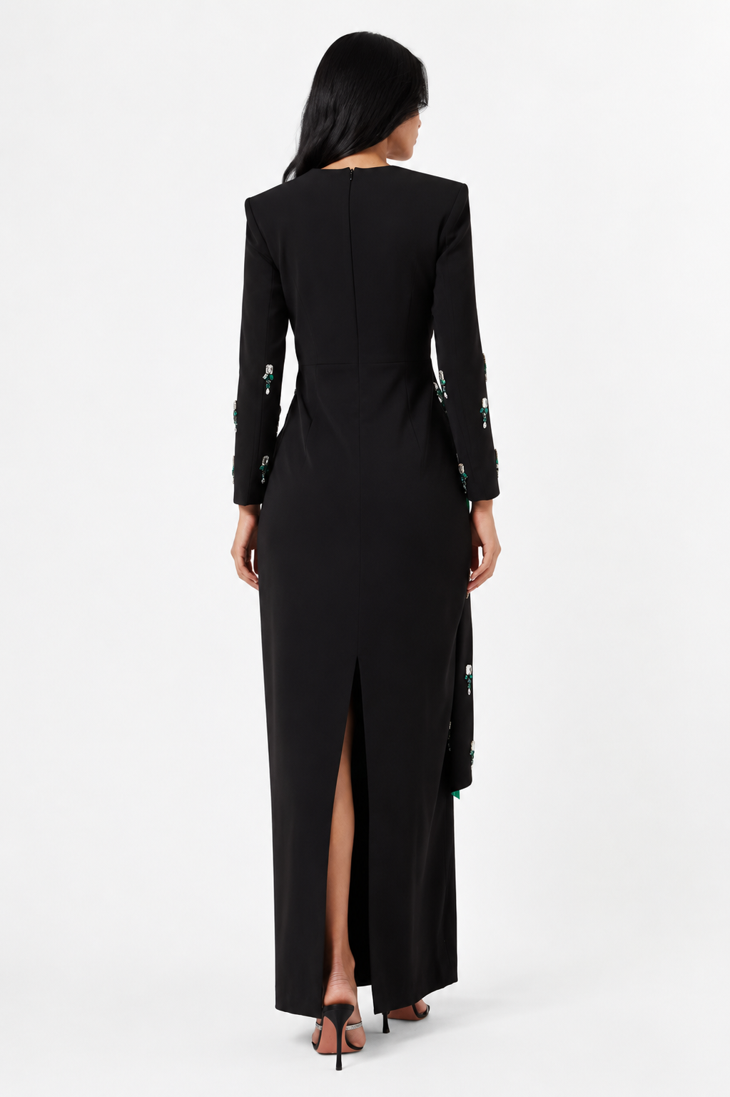 asymmetrical embroidered gown with emerald satin detail – NOIR