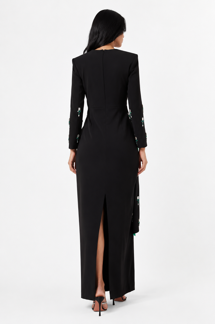 asymmetrical embroidered gown with emerald satin detail – NOIR