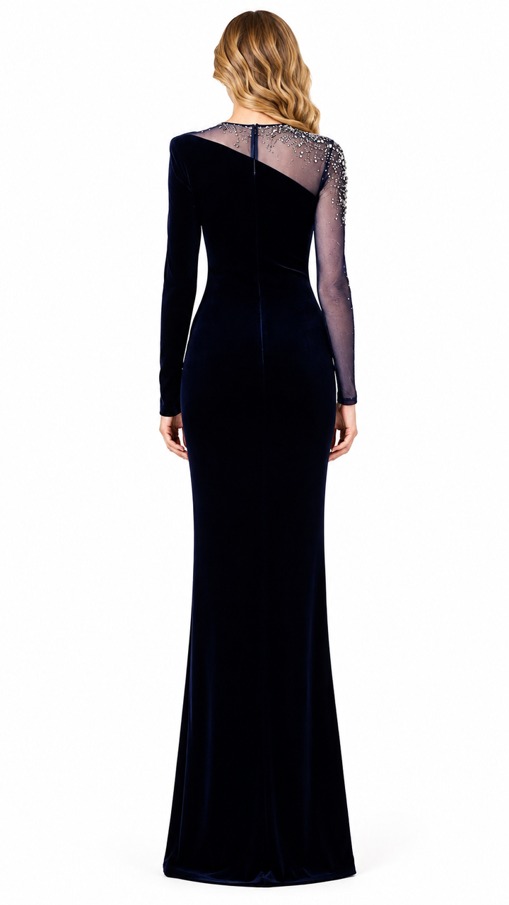one shoulder velvet maxi dress with embellished sheer sleeve – MIDNIGHTA
