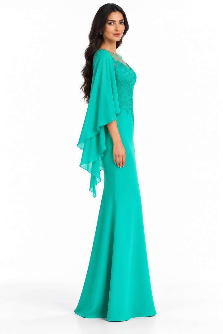Embroidered Cape Sleeve Evening Gown - Elegance