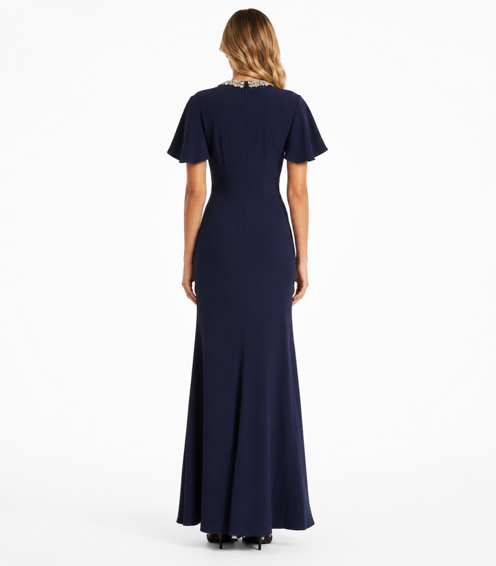 Crystal-Neck Ruched Gown - Midnight
