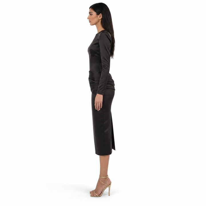 Chocolate Satin Waist Midi Dress – AURELIA
