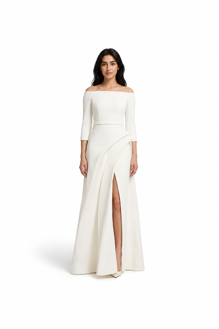 Ivory Off-Shoulder Ruffle Evening Gown – ELEGANCE