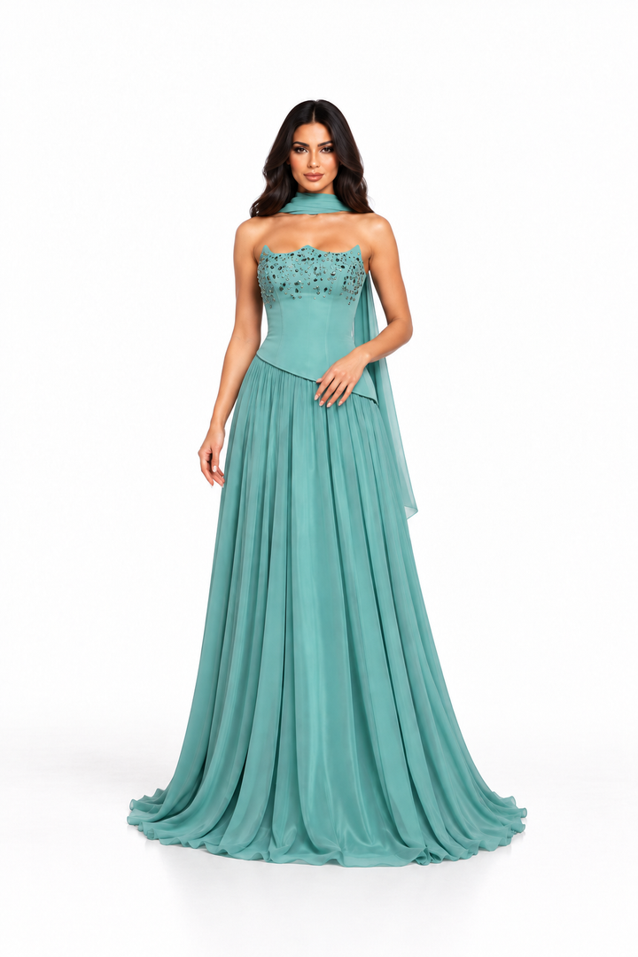 Mint Green Crystal Embellished Strapless Maxi Dress - Aria