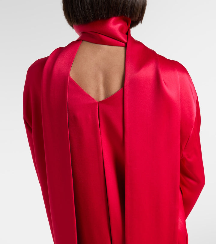 High-neck satin mini dress with dramatic back train – RUBY