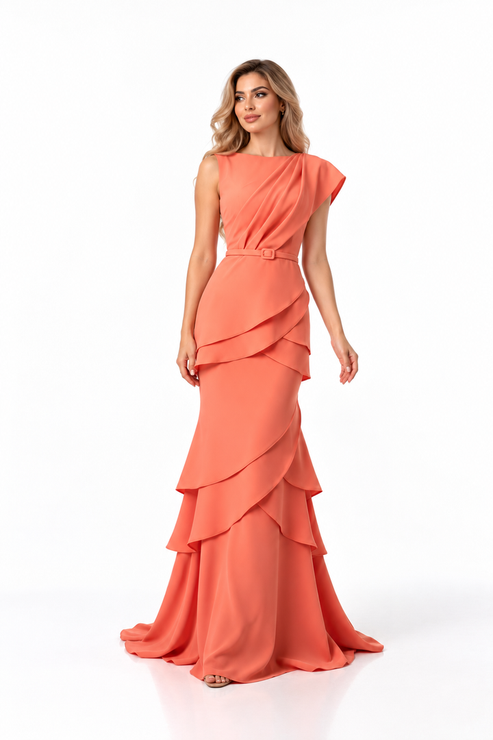 Asymmetric Draped Layered Evening Gown - Cascade