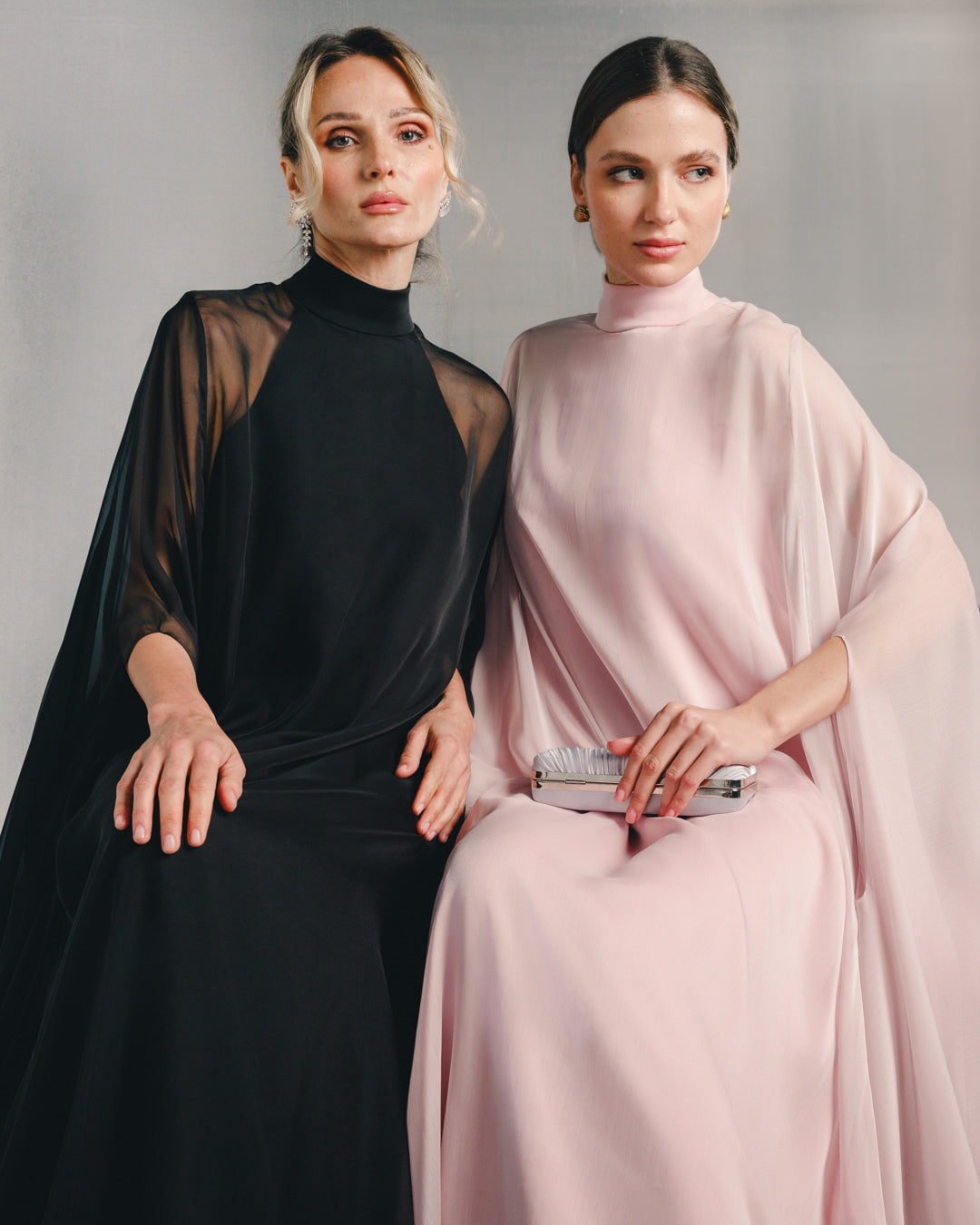 sheer cape maxi gown with high neckline – BLUSH