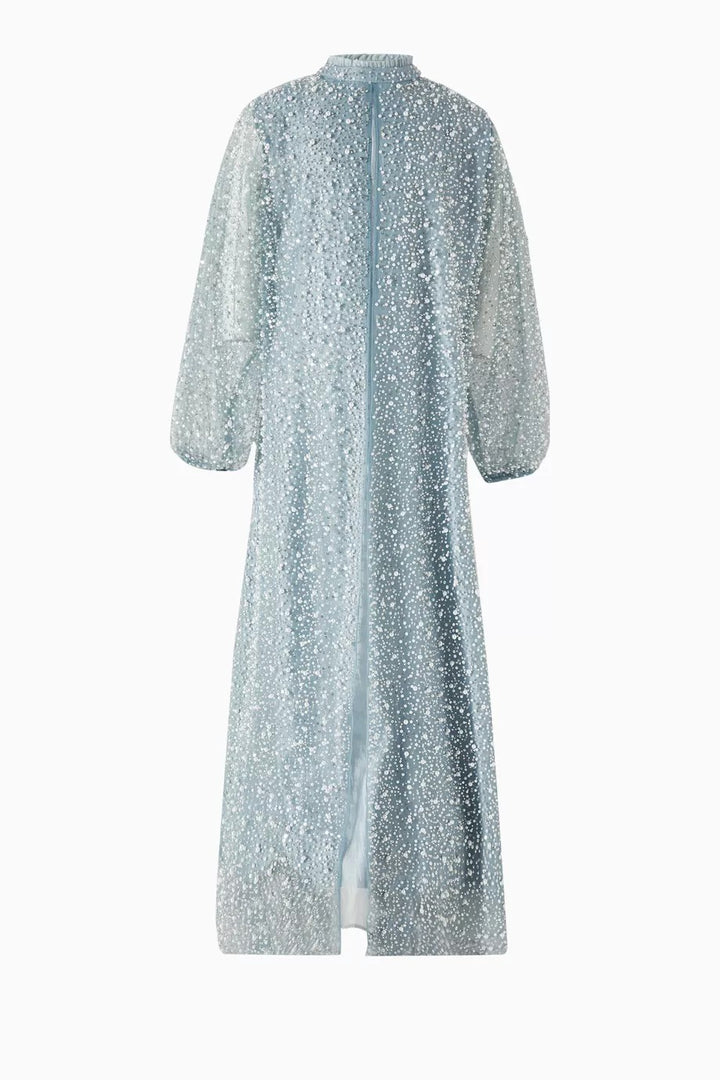 فستان ماكسي مزين بالترتر بياقة عالية وأكمام شفافة - ضبابي