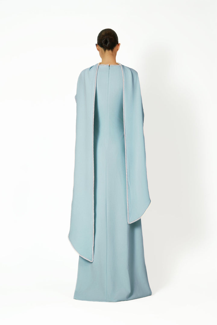 long-sleeve gown with draped pearl-trimmed cape – IVORY GRACE