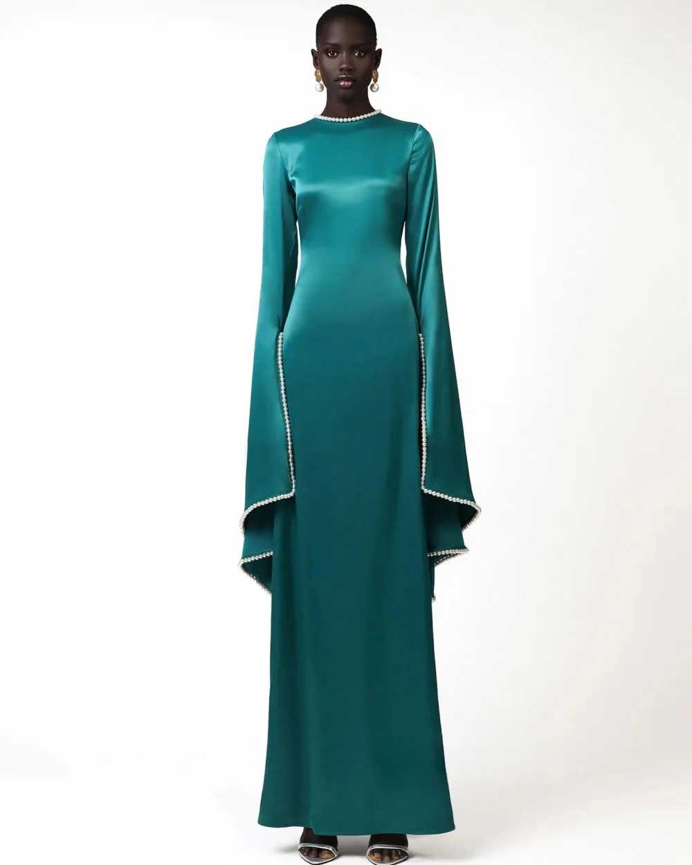 long-sleeve gown with pearl-trimmed flared cuffs – OPHELIA